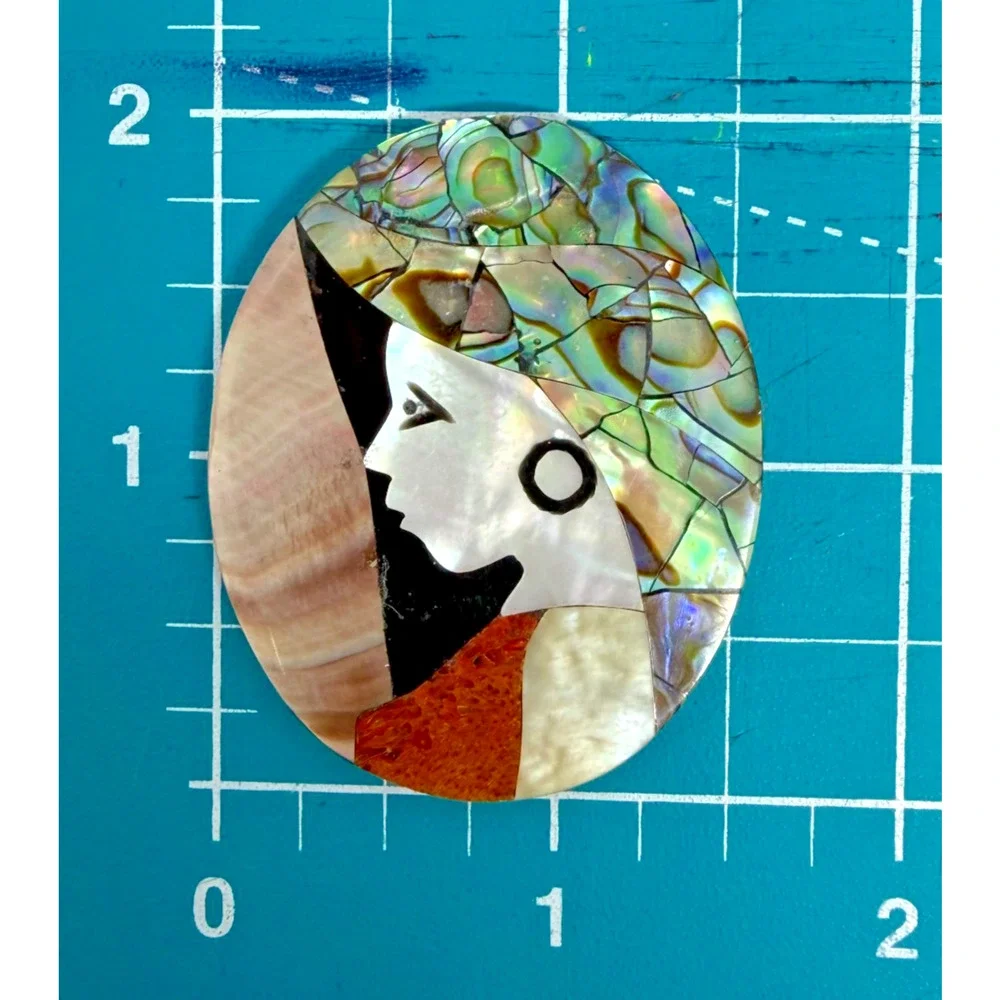 Abalone Shell Mosaic Pendant Inlay Oval Woman Face Art Cabochon 2" - Picture 5 of 5